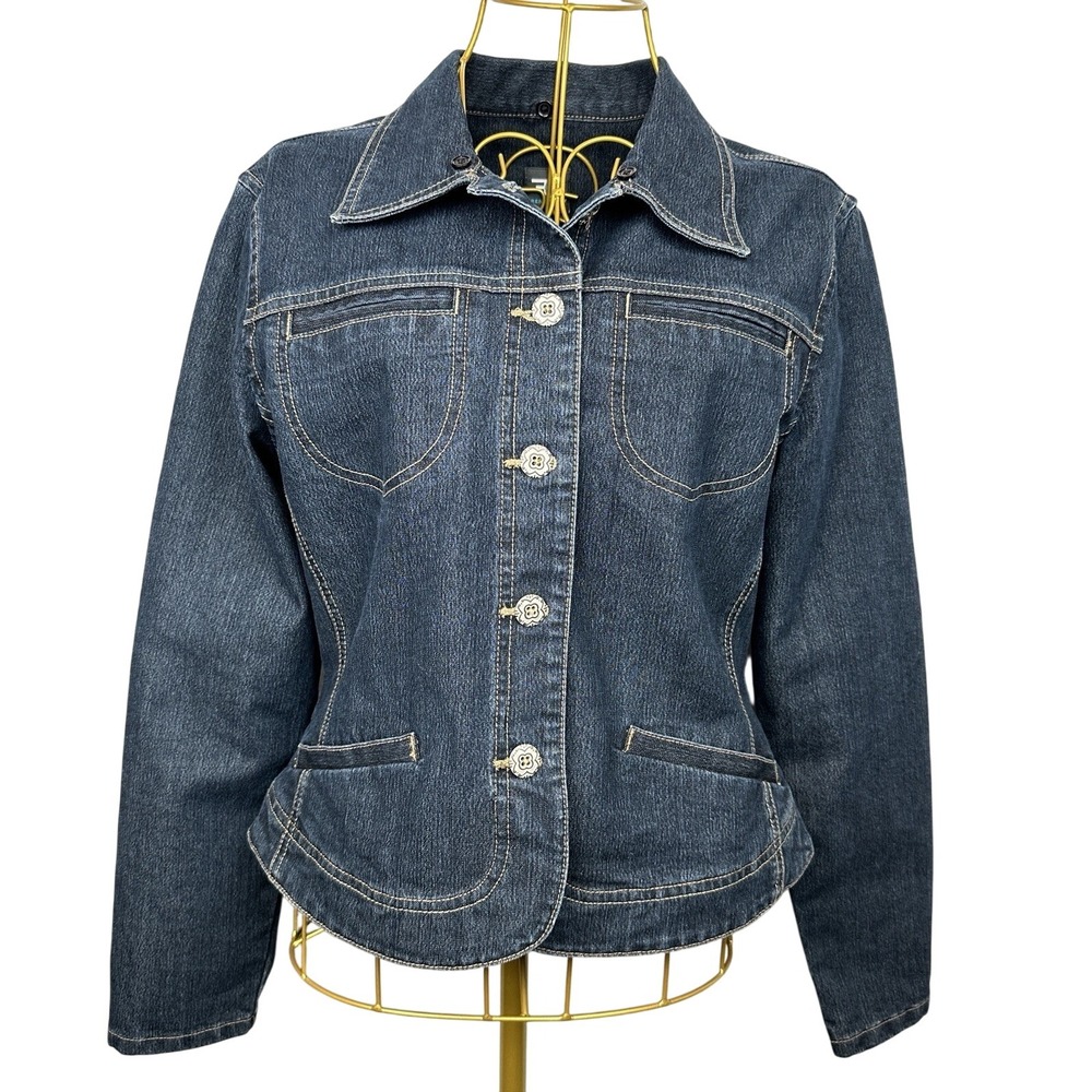 French Cuff Denim Jacket Women's Sz‎ PM Cotton Blend Stretch